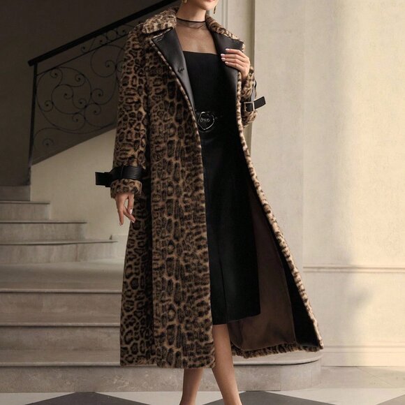 Khaki Casual Women's Leopard Print Faux Fur Patchwork Trench Coat - Picture 5 of 9